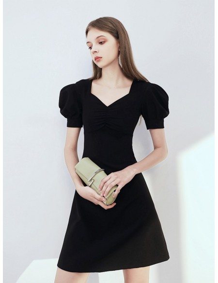 Simple Tight Fit Little Black Dress With Bubble Sleeves
