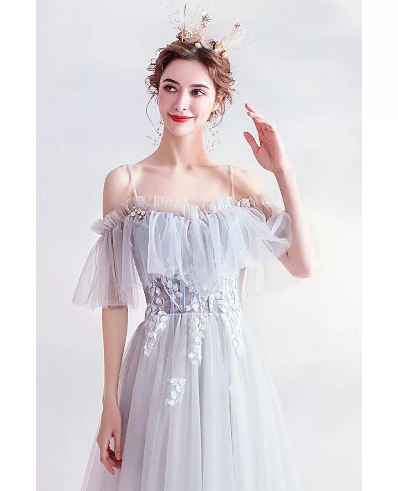 Gorgeous Dusty Blue Long Train Prom Dress With Straps Train Wholesale # ...