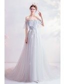 Gorgeous Dusty Blue Long Train Prom Dress With Straps Train