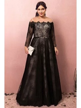 Custom Long Black Lace Illusion Neck Prom Dress with Lace Sleeves Plus Size High Quality