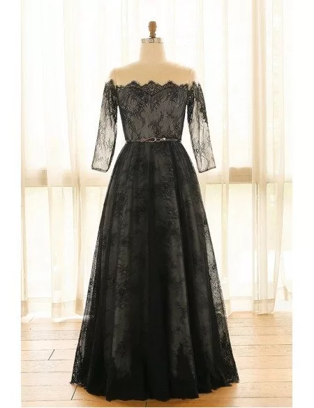 Custom Long Black Lace Illusion Neck Prom Dress with Lace Sleeves Plus Size High Quality
