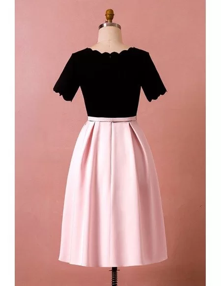 Custom Vintage Chic Black with Pink Wedding Party Dress with Short Sleeves High Quality