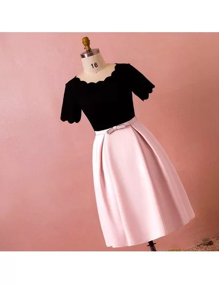 Custom Vintage Chic Black with Pink Wedding Party Dress with Short Sleeves High Quality