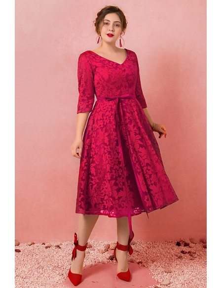 Custom Burgundy Full Lace Mid Length Wedding Party Dress Vneck with Half Sleeves High Quality