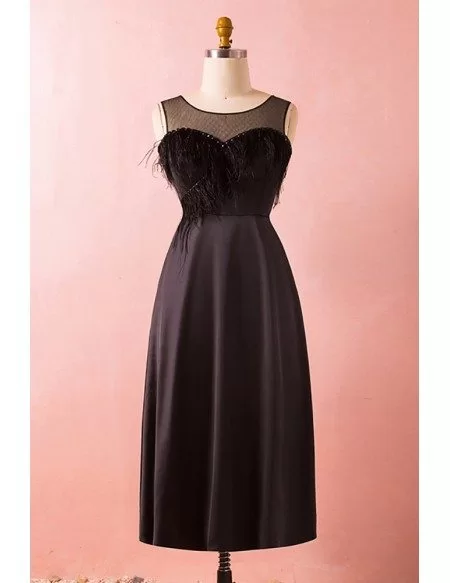 Custom Black Vintage Midi Tea Length Party Dress with Feather Illusion Neckline High Quality