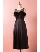 Custom Black Vintage Midi Tea Length Party Dress with Feather Illusion Neckline High Quality