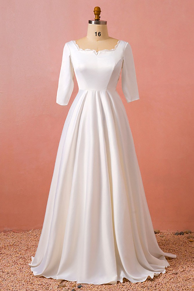 Custom Modest Satin Square Neck Wedding Reception Dress with Half ...