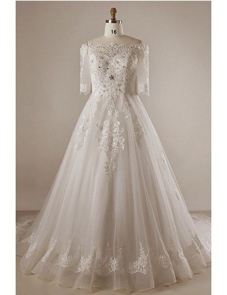 Custom Ivory Formal Beaded Lace Wedding Dress with Half Sleeves Plus ...