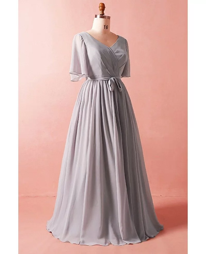Custom Elegant Grey Chiffon Wedding Party Dress with Puffy Sleeves Sash ...