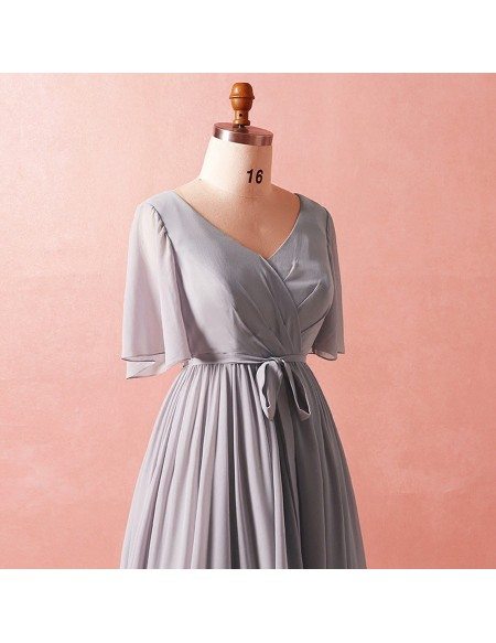 Custom Elegant Grey Chiffon Wedding Party Dress with Puffy Sleeves Sash High Quality