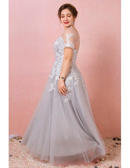 Custom Grey Tulle Lace Prom Dress with Sheer Neck Short Sleeves Plus Size High Quality