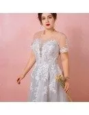 Custom Grey Tulle Lace Prom Dress with Sheer Neck Short Sleeves Plus Size High Quality