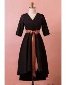 Custom Elegant Black Mid Length Formal Dress Vneck with Half Sleeves Brown Sash High Quality