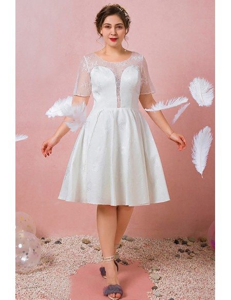 Custom Ivory Beaded Lace Short Wedding Reception Dress with Illusion Neck Sleeves Plus Size High Quality