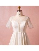 Custom Ivory Beaded Lace Short Wedding Reception Dress with Illusion Neck Sleeves Plus Size High Quality