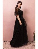 Custom Black Vneck Long Formal Dress with Sequins Puffy Sleeves Plus Size High Quality