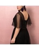 Custom Black Vneck Long Formal Dress with Sequins Puffy Sleeves Plus Size High Quality