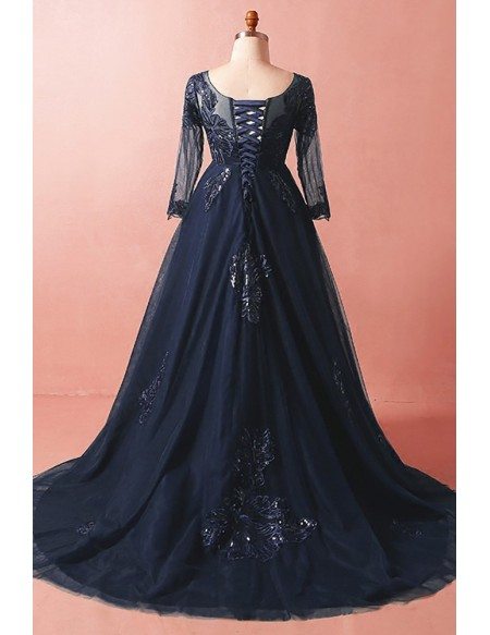 Custom Formal Long Train Navy Blue Evening Dress with Illusion Neck Long Sleeves High Quality
