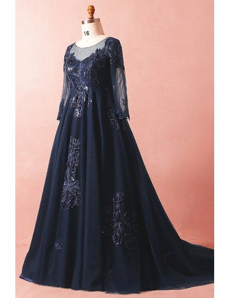 Custom Formal Long Train Navy Blue Evening Dress with Illusion Neck Long Sleeves High Quality