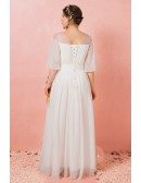 Custom Ivory Pleated Chiffon Beach Wedding Dress with Illusion Neck Puffy Sleeves Plus Size High Quality