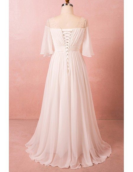Custom Ivory Pleated Chiffon Beach Wedding Dress with Illusion Neck Puffy Sleeves Plus Size High Quality