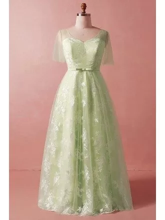 Custom Modest Green Lace And Tulle Long Party Dress with Puffy Sleeves High Quality