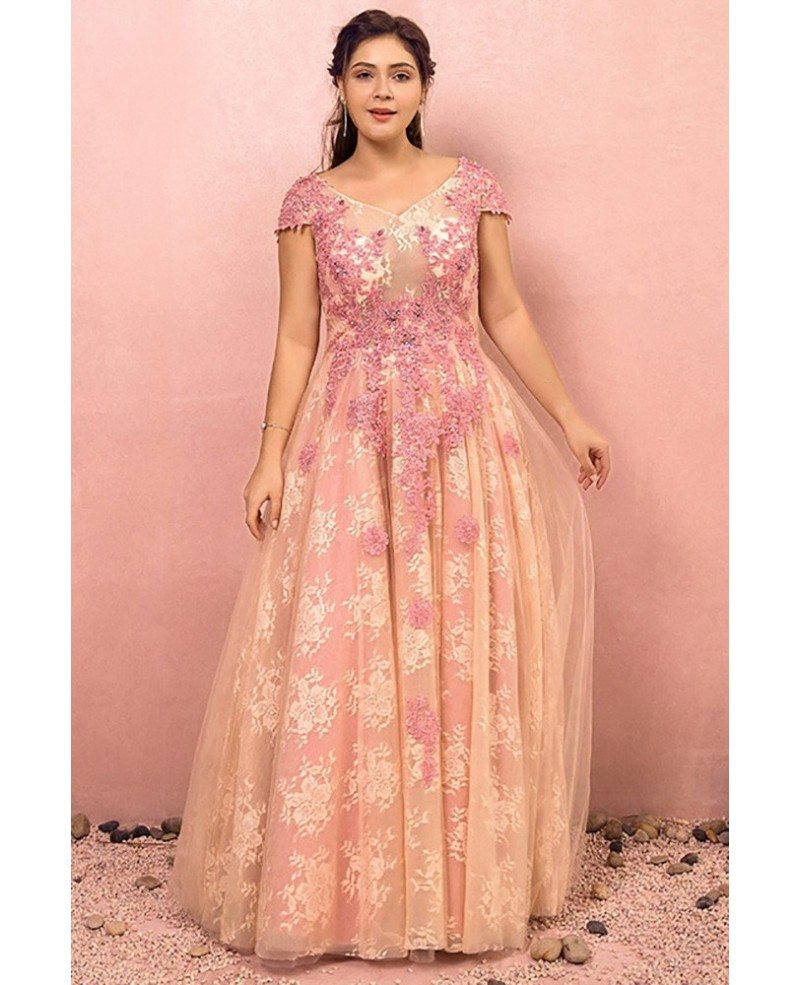 Custom Sequined Pink Lace Formal Party Dress with Cap Sleeves Plus Size ...