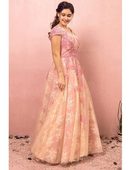 Custom Sequined Pink Lace Formal Party Dress with Cap Sleeves Plus Size ...