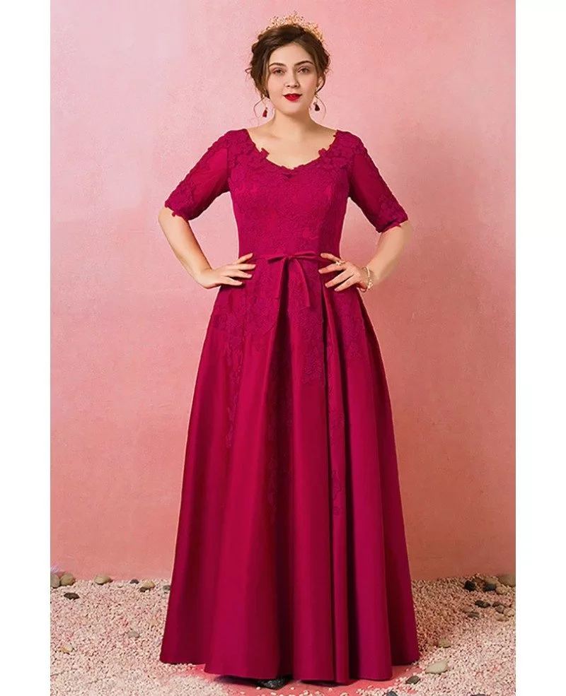 Custom Burgundy Formal Wedding Party Dress Vneck Lace With Short Sleeves Plus Size High Quality