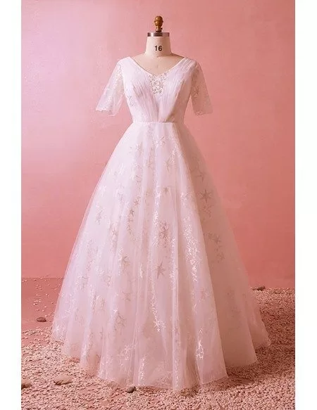 Custom Star Lace Modest Vneck Formal Wedding Dress with Sleeves Floor Length Or Long Train High Quality