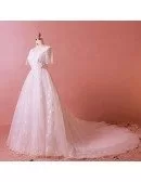 Custom Star Lace Modest Vneck Formal Wedding Dress with Sleeves Floor Length Or Long Train High Quality
