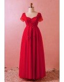 Custom Red Beaded Lace Modest Long Formal Dress Laceup with Short Sleeves High Quality