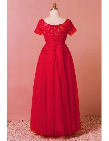 Custom Red Beaded Lace Modest Long Formal Dress Laceup with Short Sleeves High Quality
