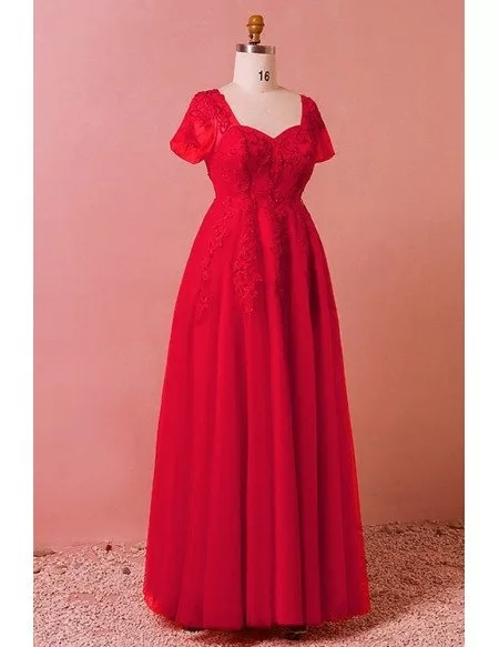 Custom Red Beaded Lace Modest Long Formal Dress Laceup with Short ...