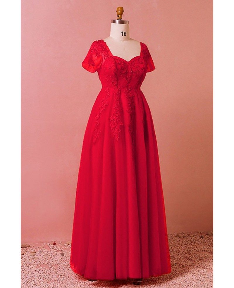 Custom Red Beaded Lace Modest Long Formal Dress Laceup with Short ...