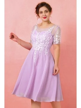Custom Lilac Chiffon Knee Length Party Dress with Flowers Short Sleeves High Quality