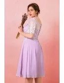 Custom Lilac Chiffon Knee Length Party Dress with Flowers Short Sleeves High Quality