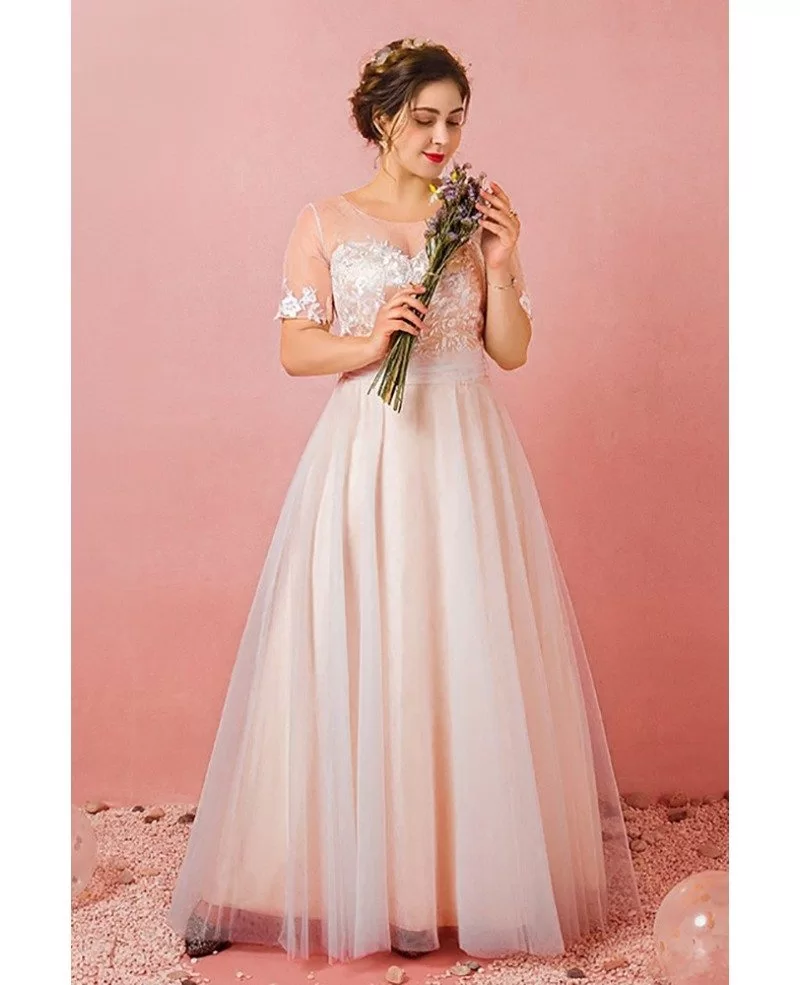 Custom Light Champagne Modest Wedding Reception Dress with Illusion Neck  Short Sleeves Plus Size ZN067 