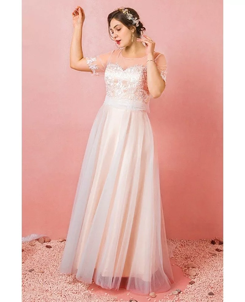 168.39] Custom Light Champagne Modest Wedding Reception Dress with Illusion  Neck Short Sleeves Plus Size ZN067 - GemGrace.com