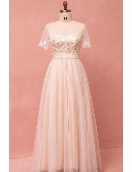 Custom Light Champagne Modest Wedding Reception Dress with Illusion Neck Short Sleeves Plus Size High Quality