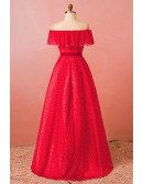 Custom Red Aline Polka Dot Off Shoulder Party Dress High Quality