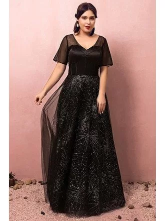Custom Long Black Sparkly Sequins Formal Dress with Sheer Short Sleeves Plus Size High Quality