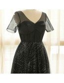 Custom Long Black Sparkly Sequins Formal Dress with Sheer Short Sleeves Plus Size High Quality