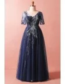 Custom Navy Blue Formal Party Dress Vneck with Short Sleeves High Quality