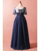 Custom Navy Blue Formal Party Dress Vneck with Short Sleeves High Quality
