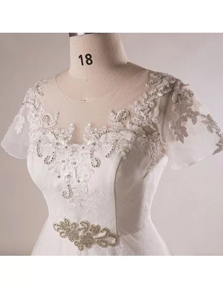 Custom Lace Jeweled Waist Plus Size Wedding Dress with Short Sleeves ...