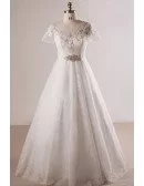 Custom Lace Jeweled Waist Plus Size Wedding Dress with Short Sleeves High Quality