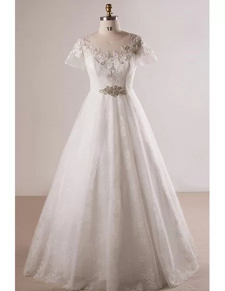 Custom Lace Jeweled Waist Plus Size Wedding Dress with Short Sleeves High Quality