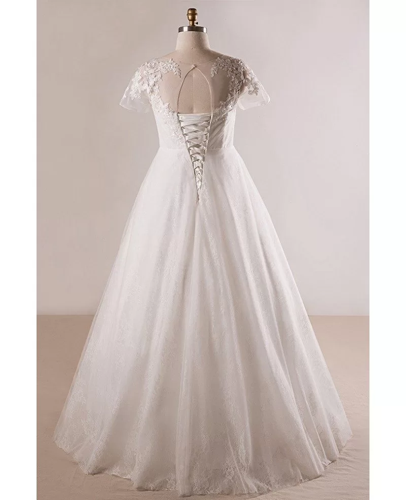 Custom Lace Jeweled Waist Plus Size Wedding Dress with Short Sleeves ...