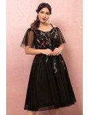Custom Knee Length Black Party Dress with Flower Embroidery Puffy Sleeves Plus Size High Quality